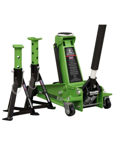Trolley Jack 3 Tonne with Super Rocket Lift & Axle Stands (Pair) 3 Tonne Capacity per Stand-Hi-Vis