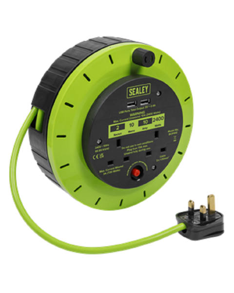 Cassette Type Cable Reel Green with Thermal Trip 2 x 230V and 2 x USB 10m